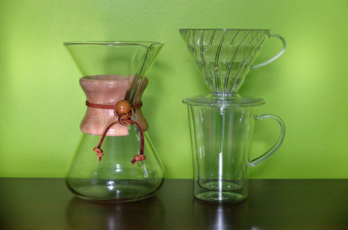 Chemex and Hario pour-over coffee makers.